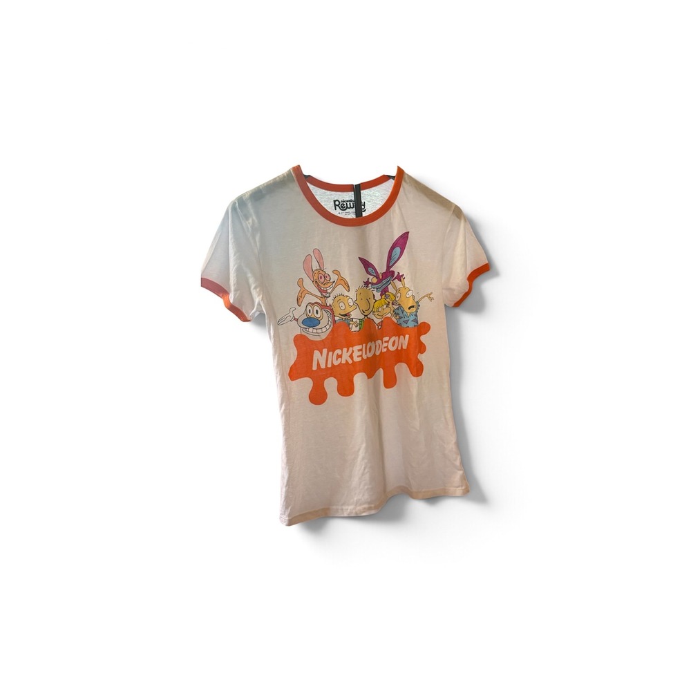 Nickelodeon Rewind Ringer Tee White Orange 90s Cartoon Graphic Shirt Womens L